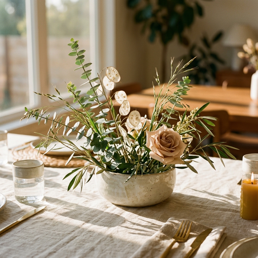 Minimalist styled dining tabletop floral centerline setup